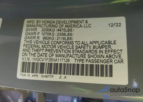 2022 Honda Accord Sport z USA, uszkodzony, nr VIN 1HGCV1F35NA117128